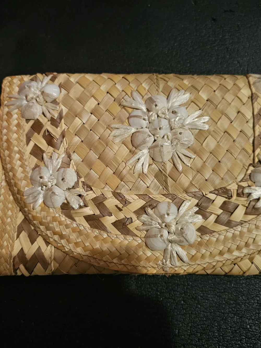 Woven Straw Clutch with Shell Flower Accents - Natural